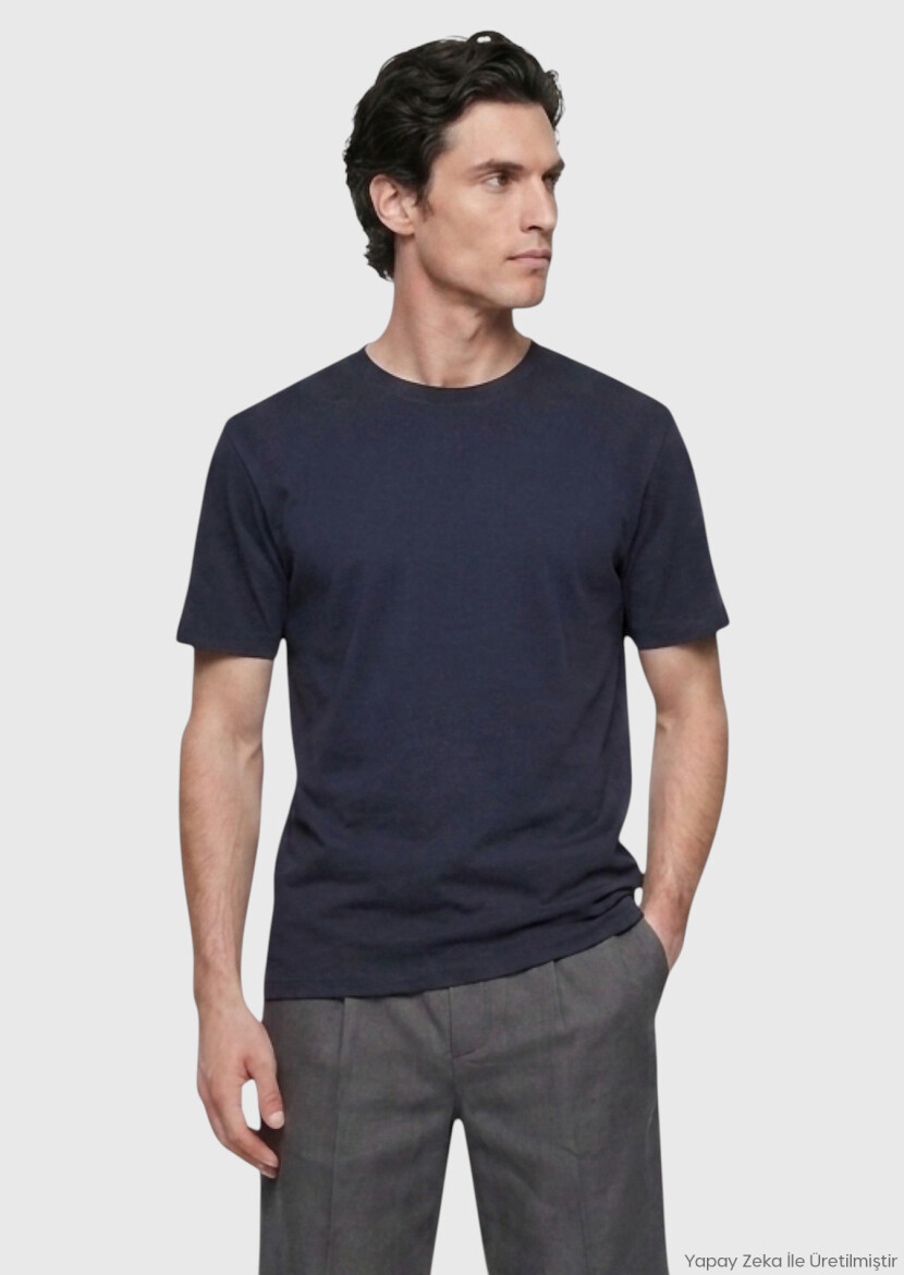 Navy Blue Plain Cotton Blended T-Shirt - RAMSEY