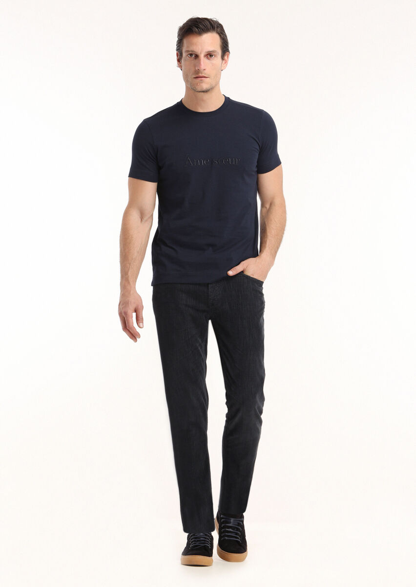Navy Blue Plain Crew Neck 100% Cotton T-Shirt - 1