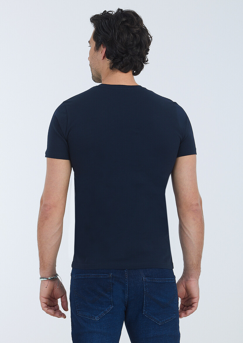 Navy Blue Plain Crew Neck 100% Cotton T-Shirt - 5