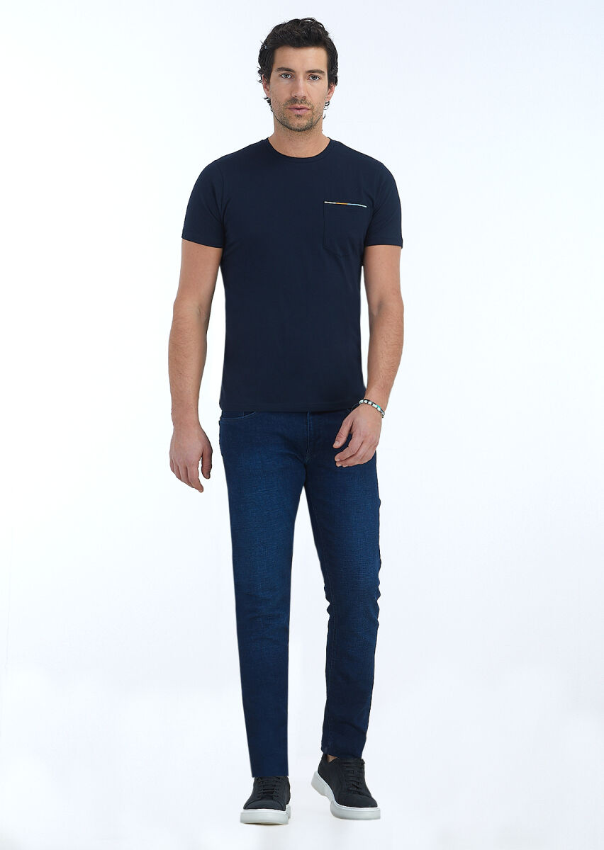 Navy Blue Plain Crew Neck 100% Cotton T-Shirt - 1