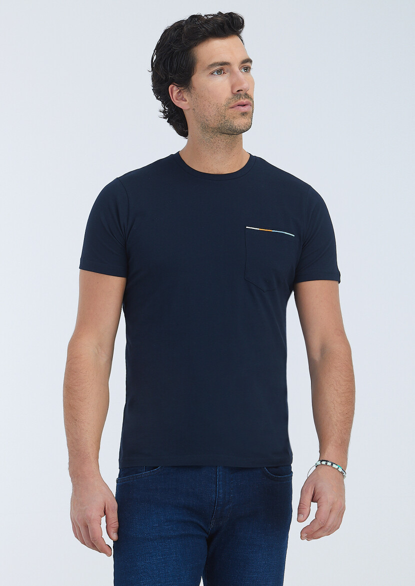 Navy Blue Plain Crew Neck 100% Cotton T-Shirt - 2