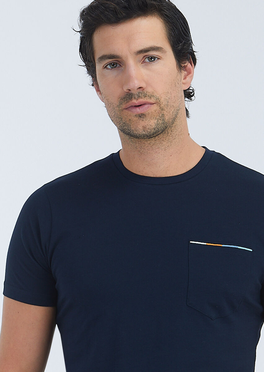 Navy Blue Plain Crew Neck 100% Cotton T-Shirt - 3