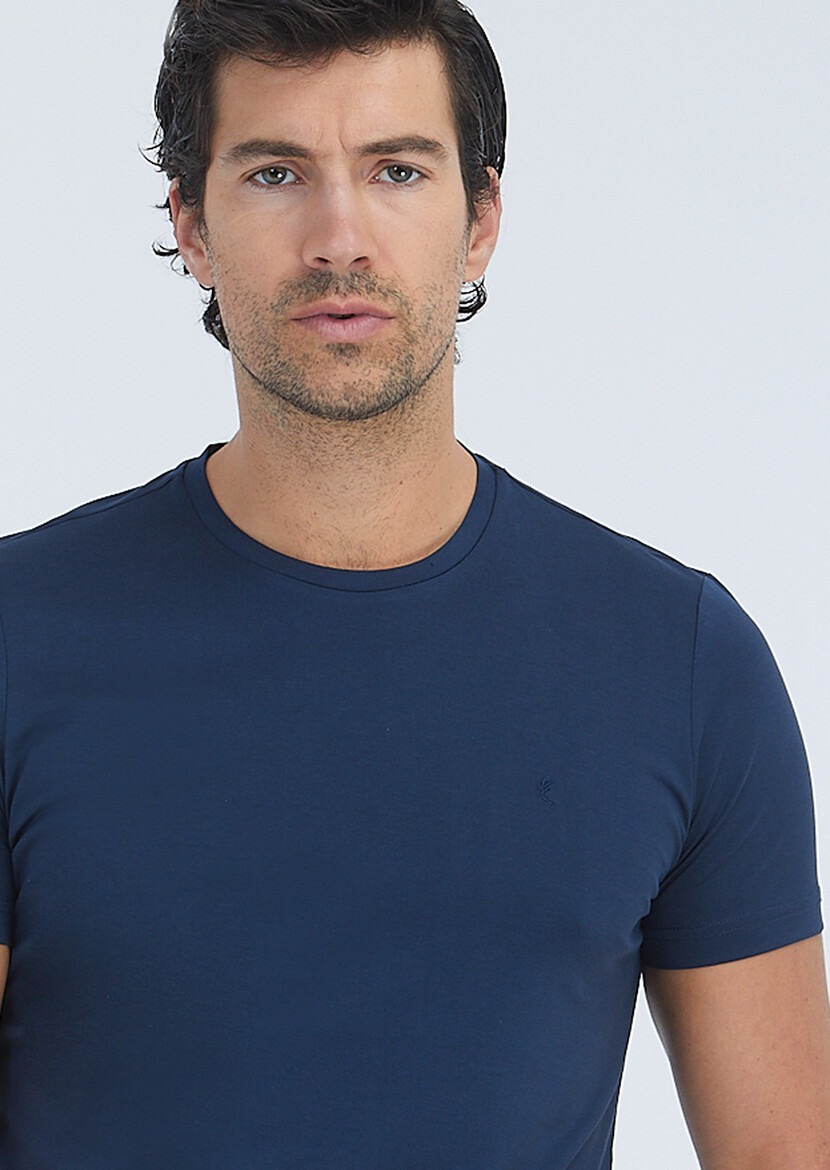 Navy Blue Plain Crew Neck 100% Cotton T-Shirt - 3