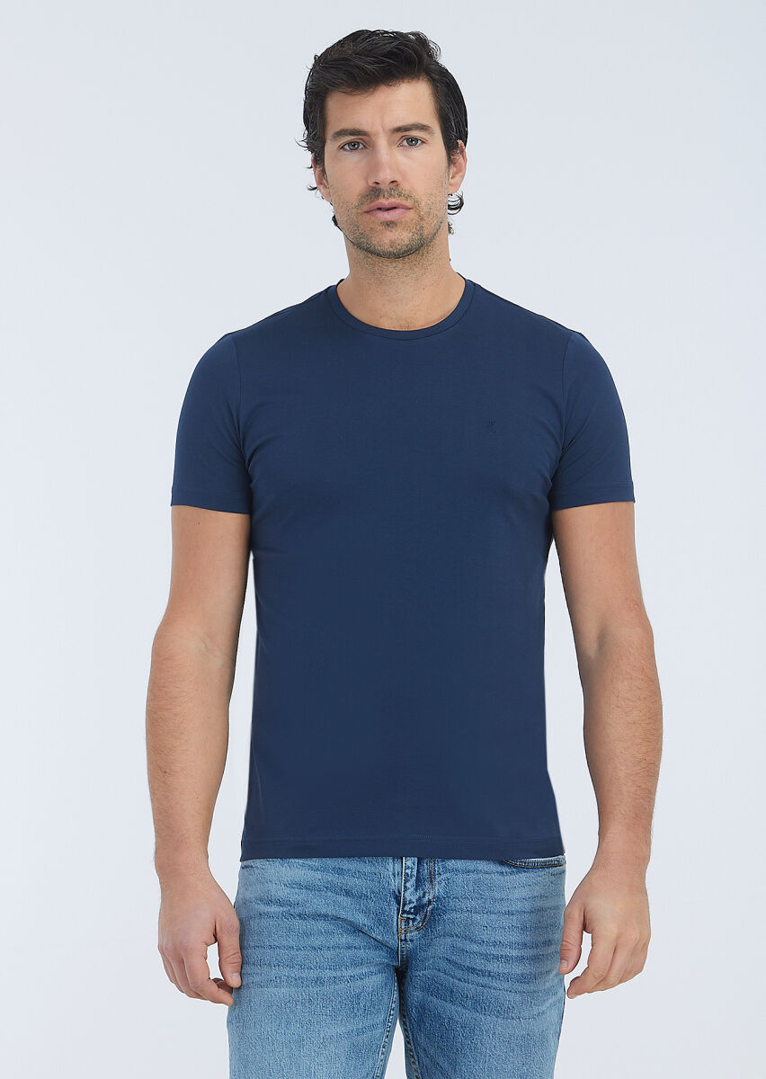 Navy Blue Plain Crew Neck 100% Cotton T-Shirt - 2