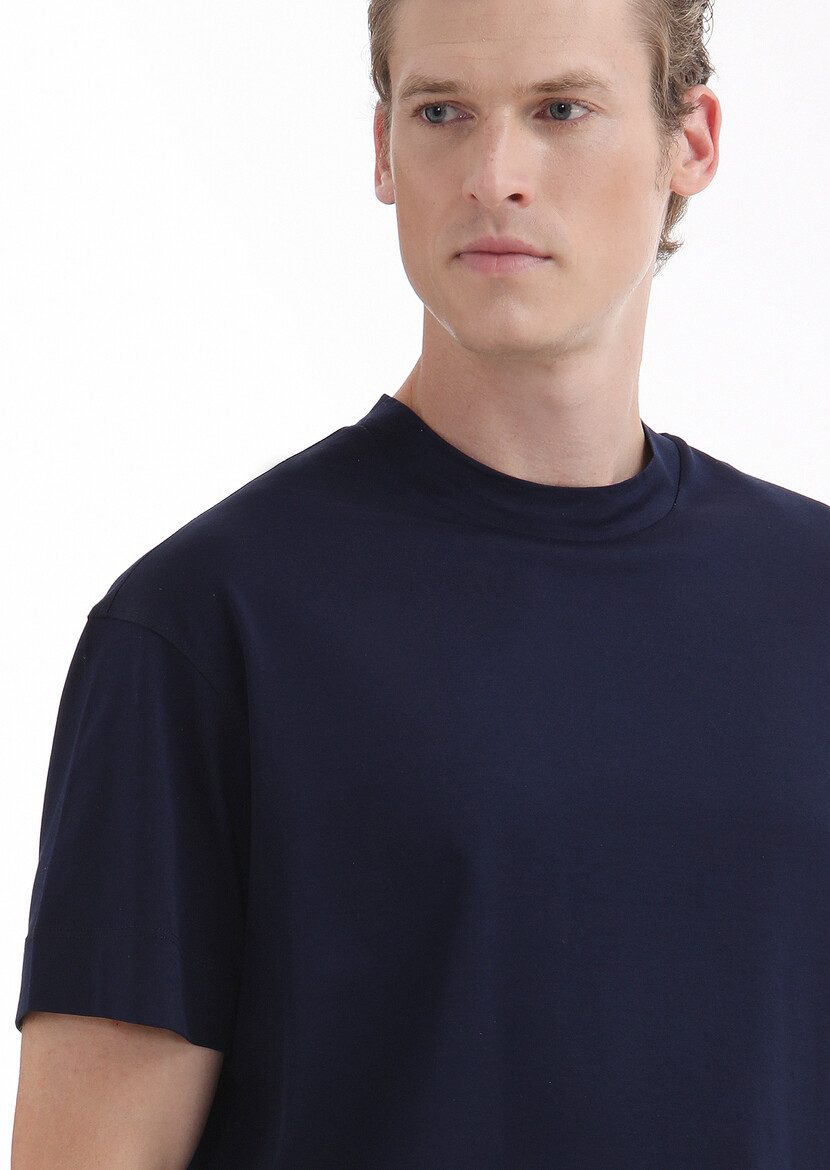 Navy Blue Plain Crew Neck 100% Cotton T-Shirt - 3