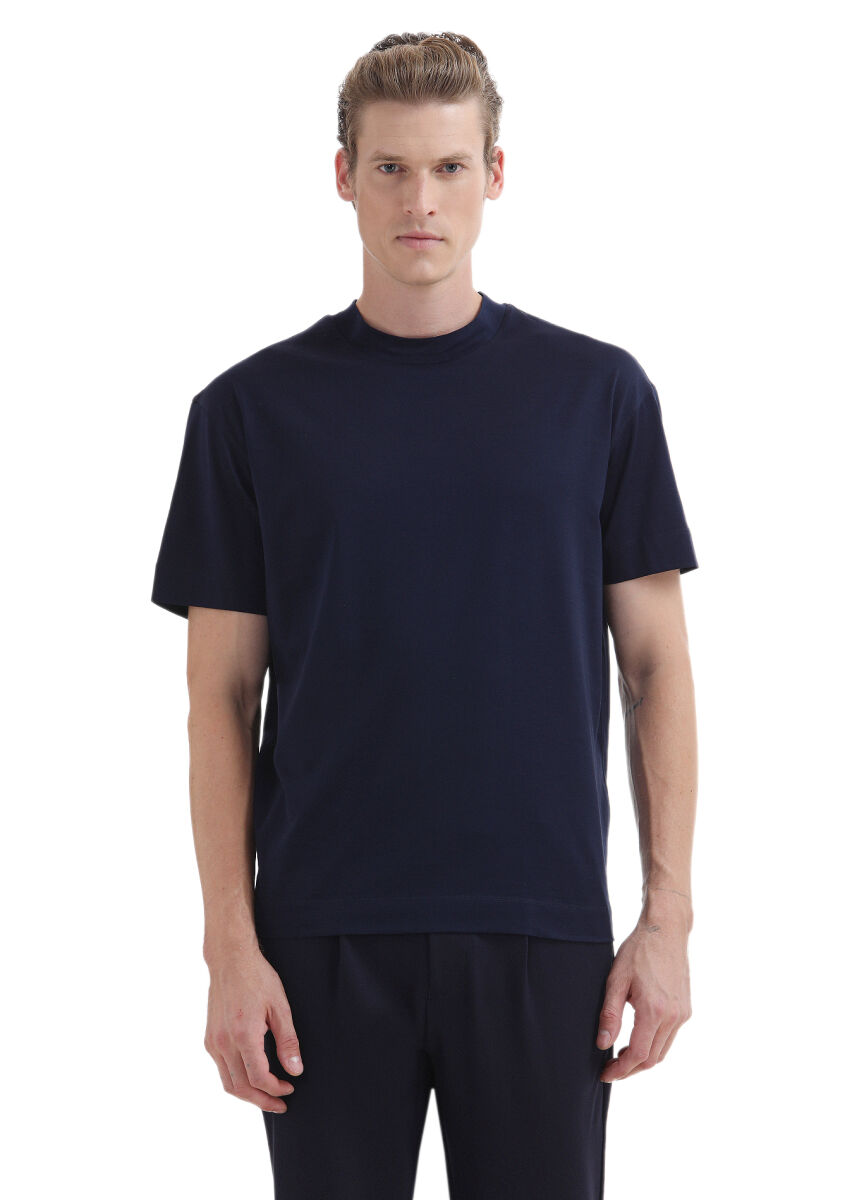 Navy Blue Plain Crew Neck 100% Cotton T-Shirt - 1