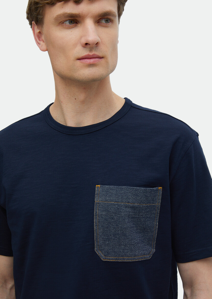 Navy Blue Plain Crew Neck 100% Cotton T-Shirt - 3