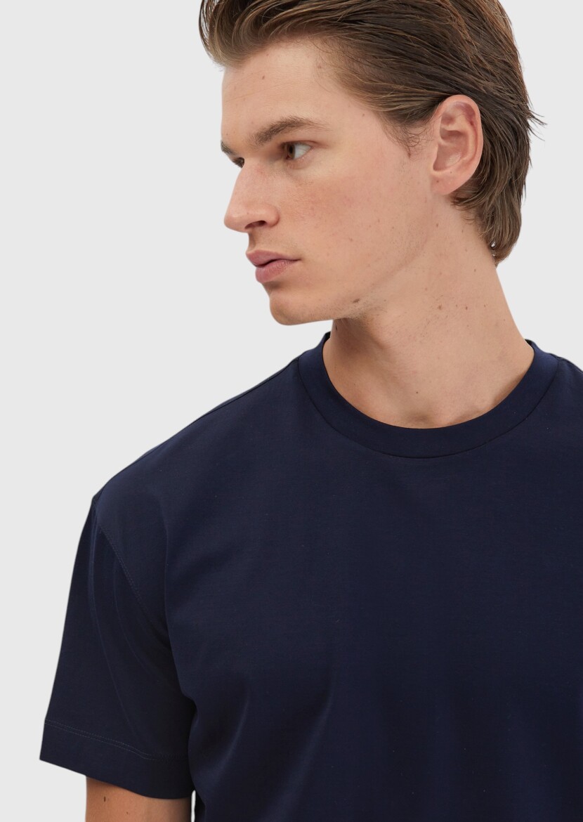 Navy Blue Plain Crew Neck 100% Cotton T-Shirt - 3