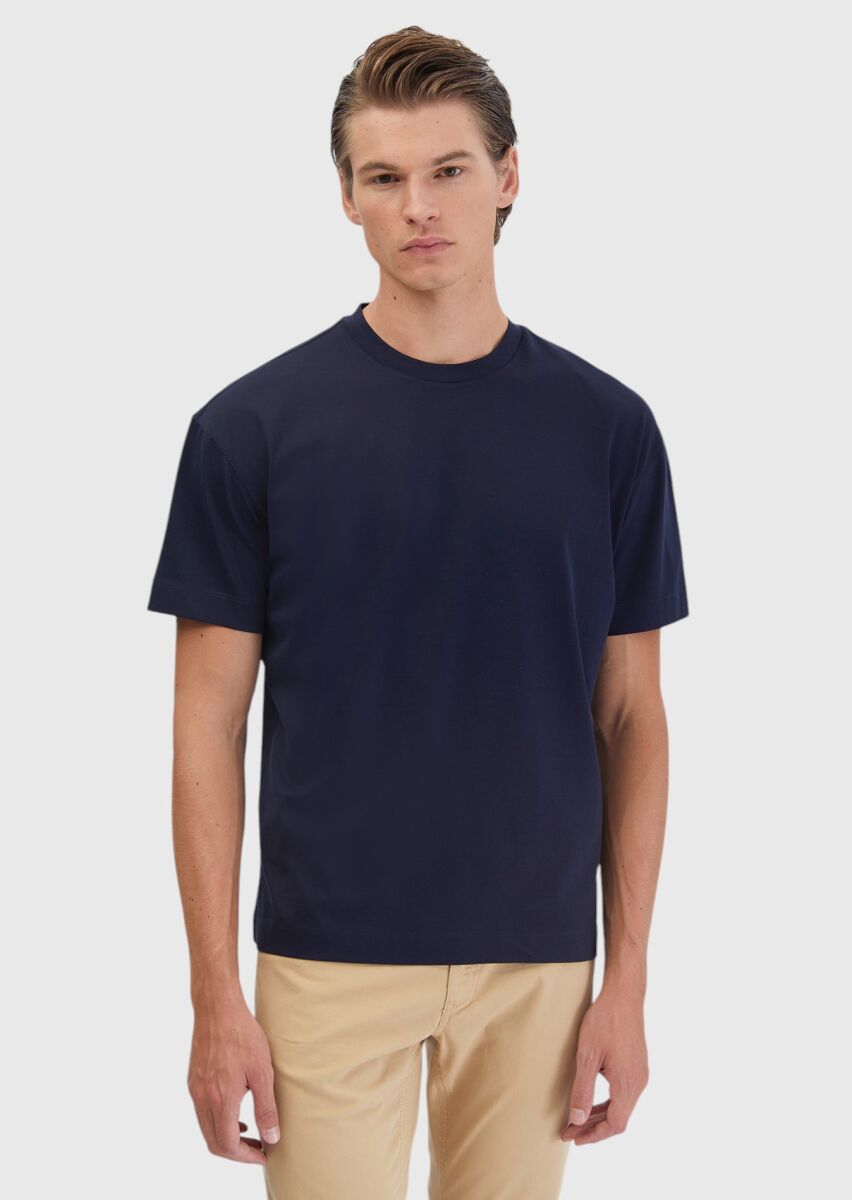 Navy Blue Plain Crew Neck 100% Cotton T-Shirt - 1