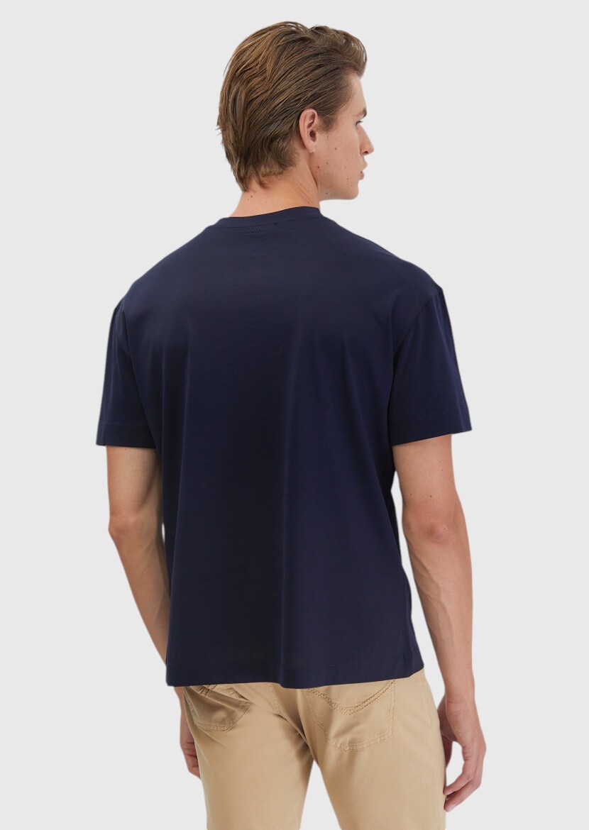 Navy Blue Plain Crew Neck 100% Cotton T-Shirt - 4