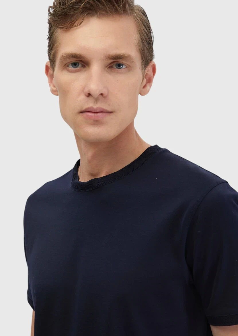 Navy Blue Plain Crew Neck 100% Cotton T-Shirt - 4