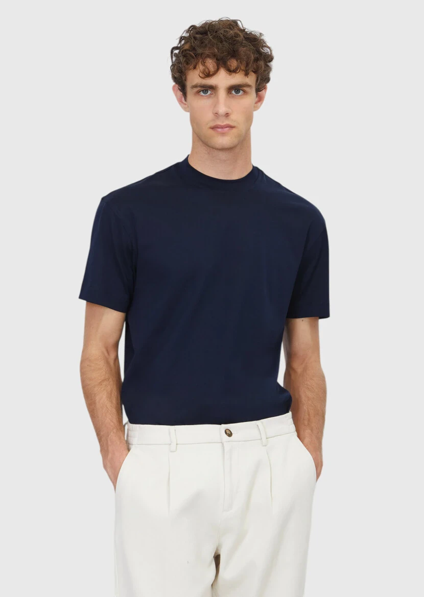 Navy Blue Plain Crew Neck 100% Cotton T-Shirt - 1