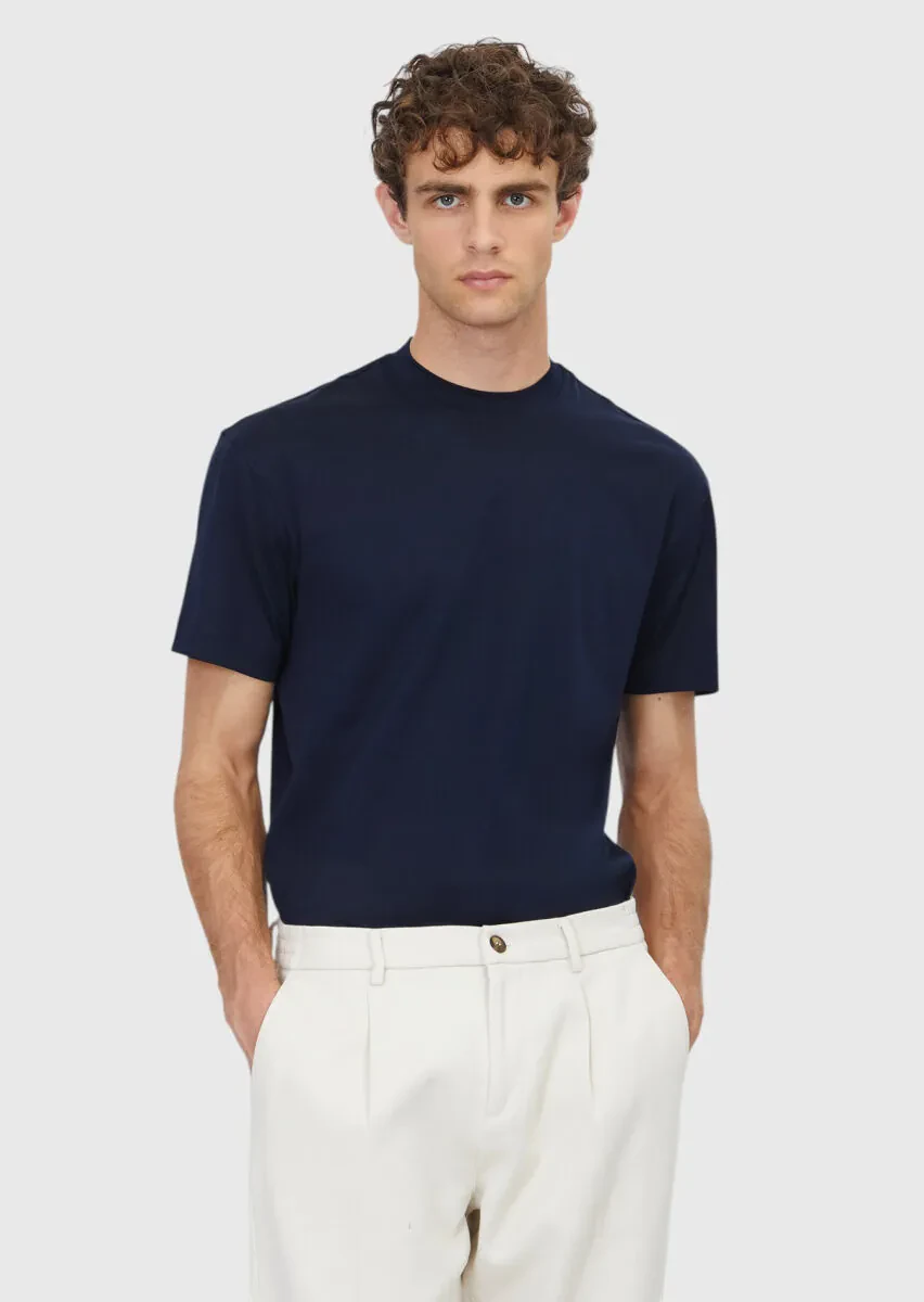 Navy Blue Plain Crew Neck 100% Cotton T-Shirt - 1