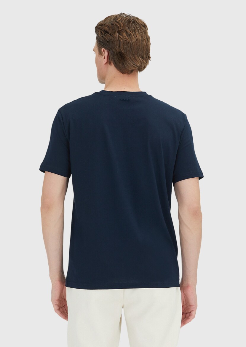 Navy Blue Plain Crew Neck 100% Cotton T-Shirt - 4