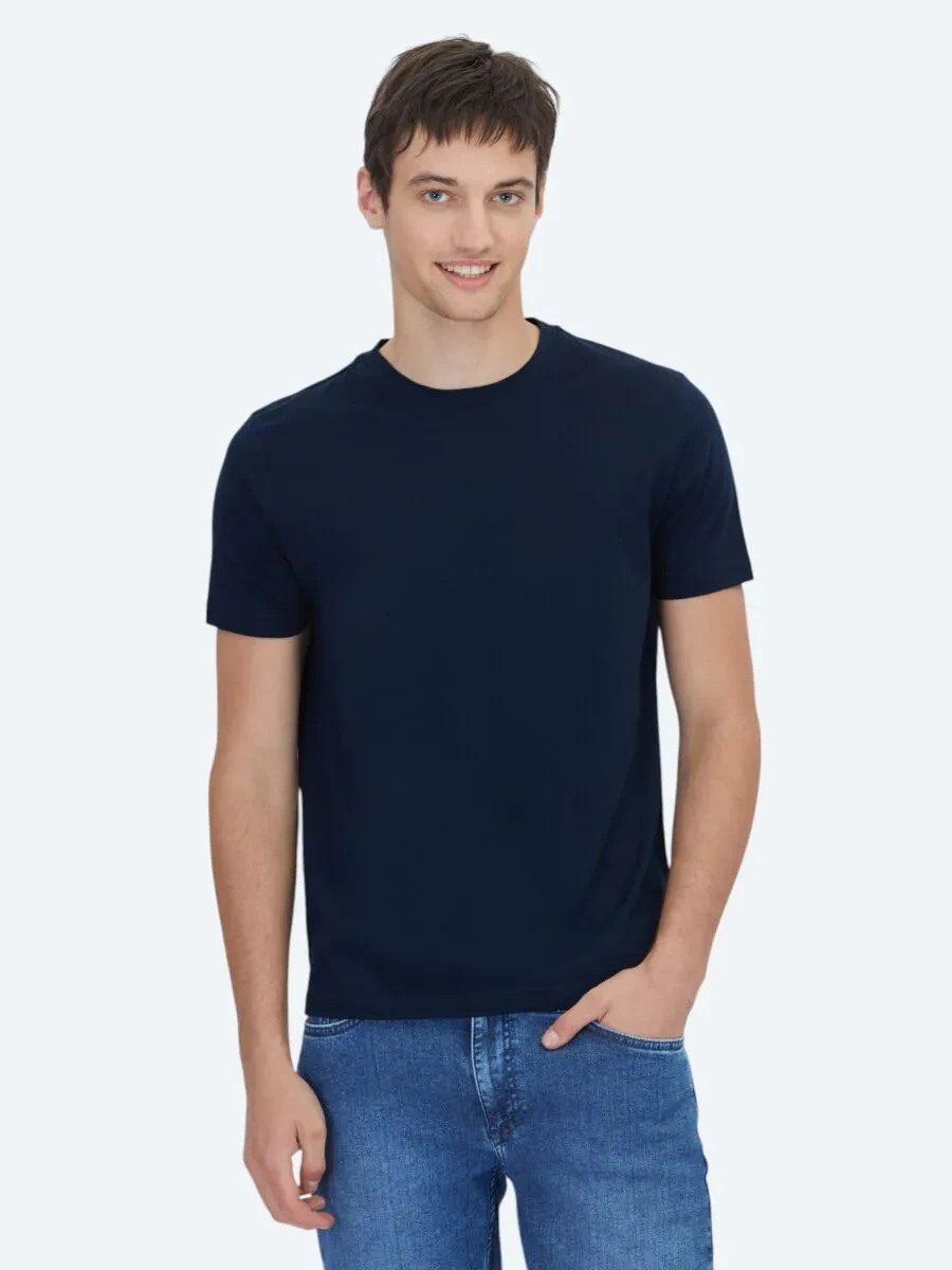 Navy Blue Plain Crew Neck 100% Cotton T-Shirt - 1