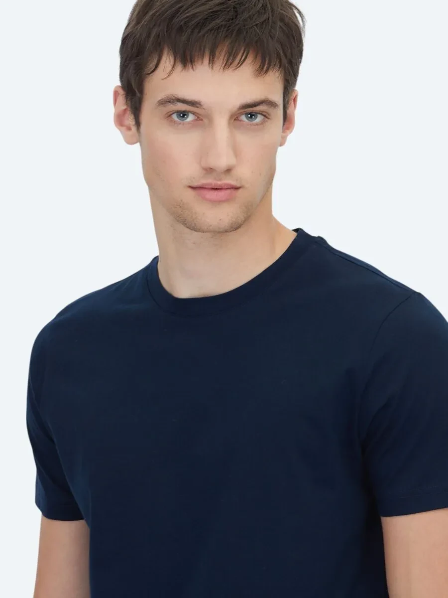 Navy Blue Plain Crew Neck 100% Cotton T-Shirt - 4