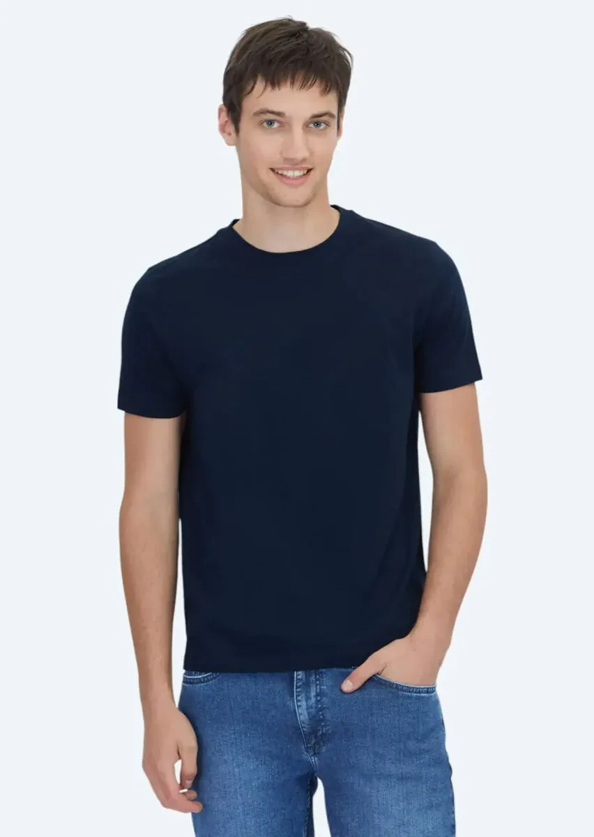 Navy Blue Plain Crew Neck 100% Cotton T-Shirt - 1