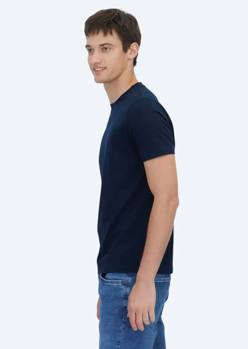 Navy Blue Plain Crew Neck 100% Cotton T-Shirt - 3