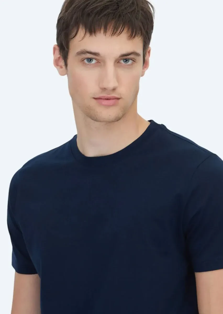 Navy Blue Plain Crew Neck 100% Cotton T-Shirt - 4