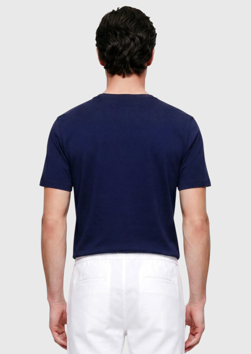 Navy Blue Plain Crew Neck 100% Cotton T-Shirt - 5