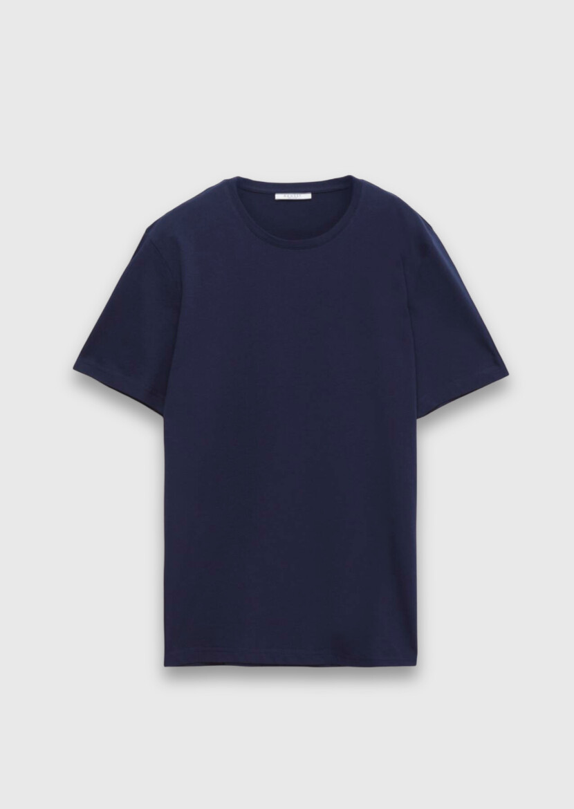 Navy Blue Plain Crew Neck 100% Cotton T-Shirt - 6