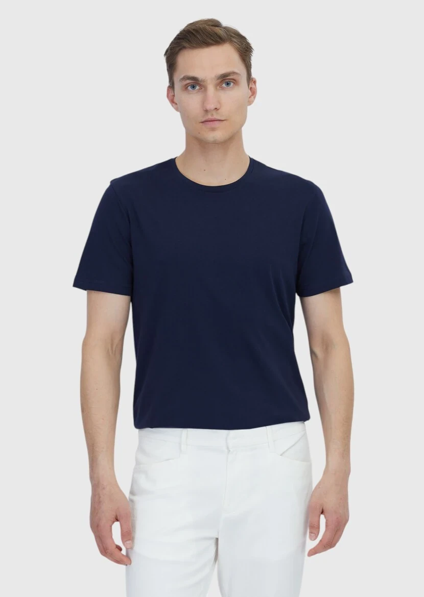Navy Blue Plain Crew Neck 100% Cotton T-Shirt - 1