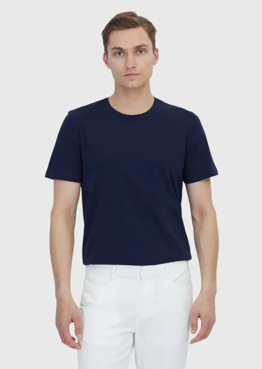 Navy Blue Plain Crew Neck 100% Cotton T-Shirt - 1