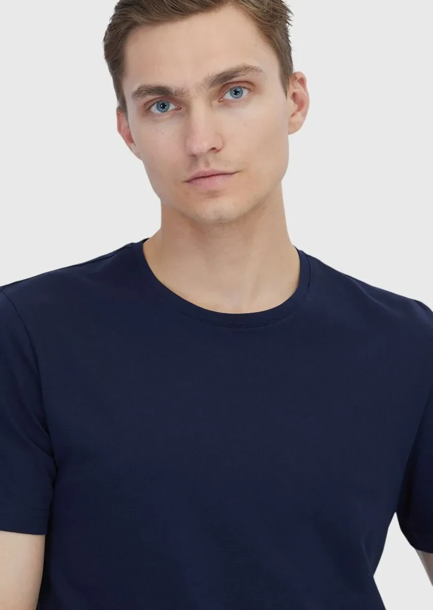 Navy Blue Plain Crew Neck 100% Cotton T-Shirt - 3