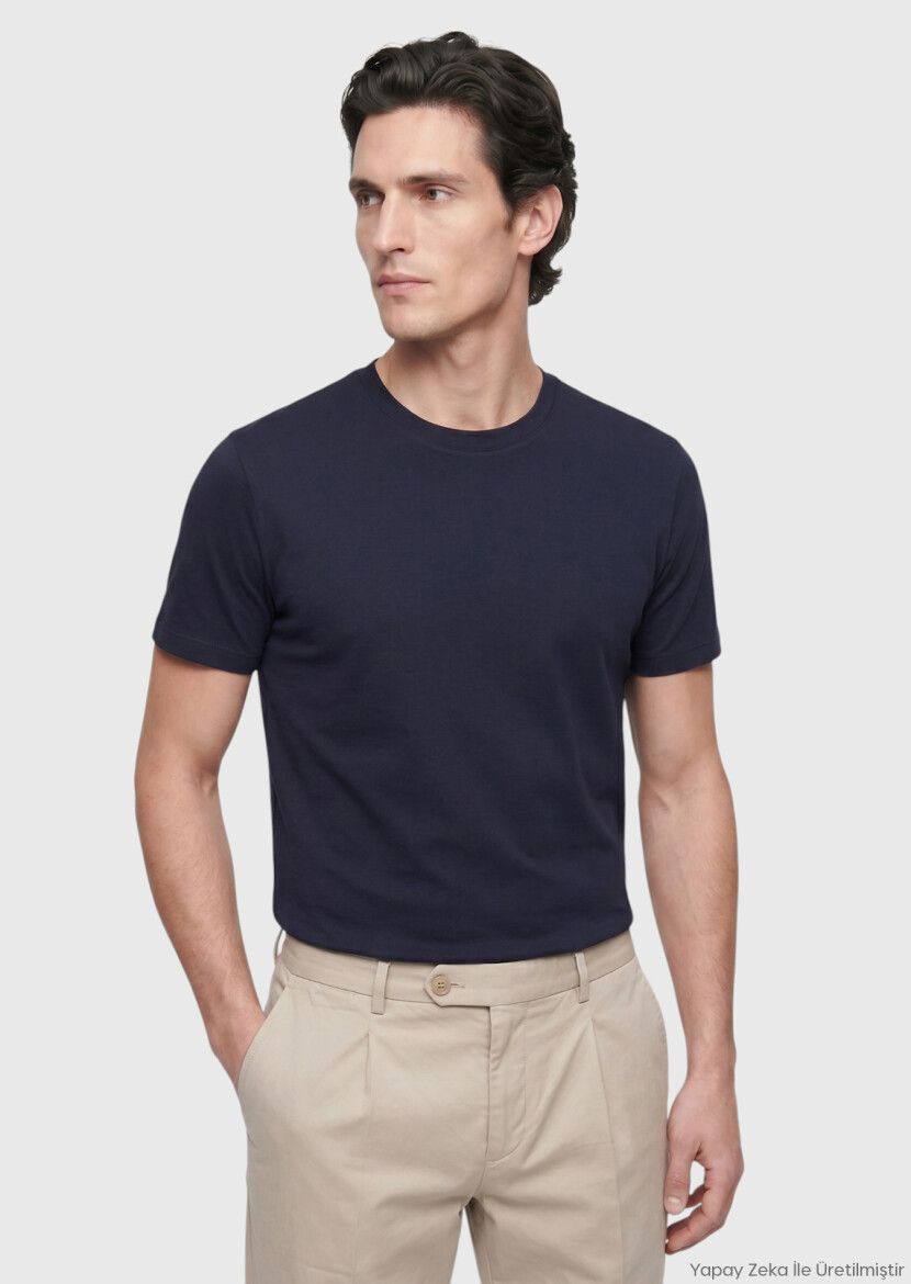 Navy Blue Plain Crew Neck 100% Cotton T-Shirt - RAMSEY
