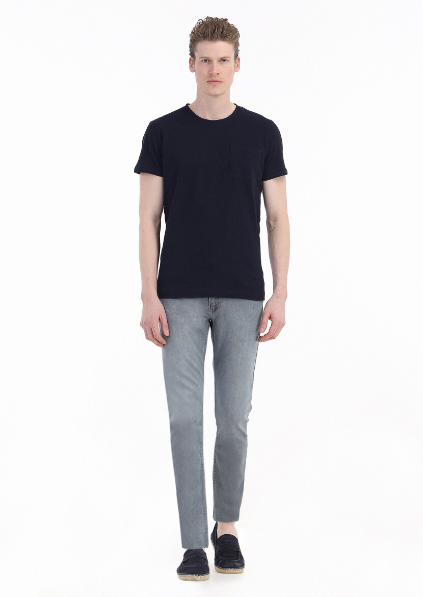 Navy Blue Plain Crew Neck 100% Linen T-Shirt 