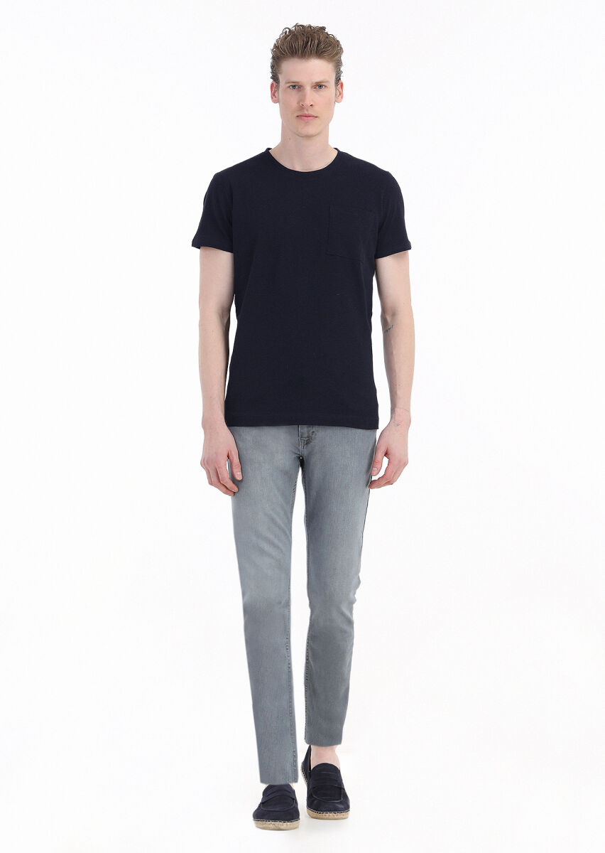 Navy Blue Plain Crew Neck 100% Linen T-Shirt - 1