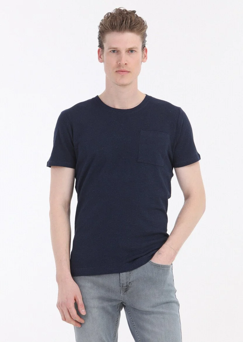 Navy Blue Plain Crew Neck 100% Linen T-Shirt 