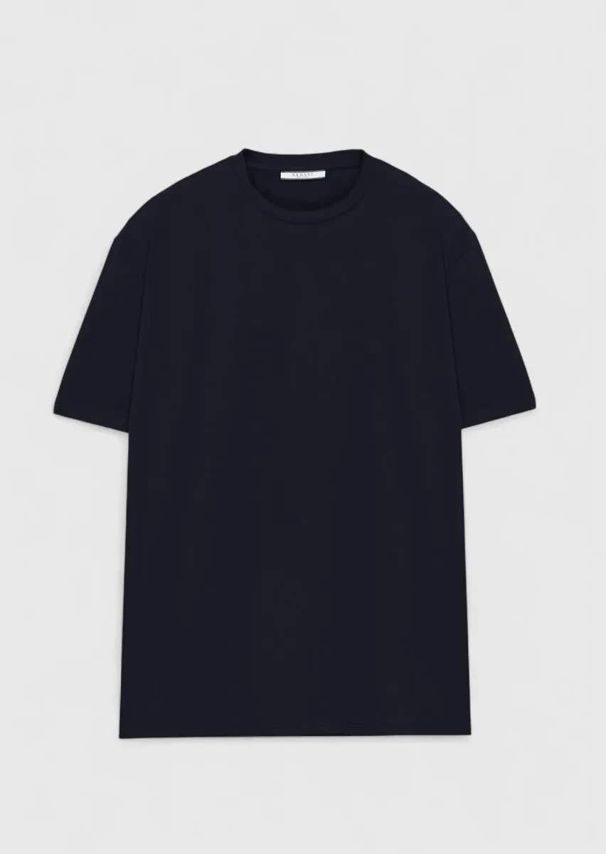 Navy Blue Plain Crew Neck Cotton Blended T-Shirt - 1