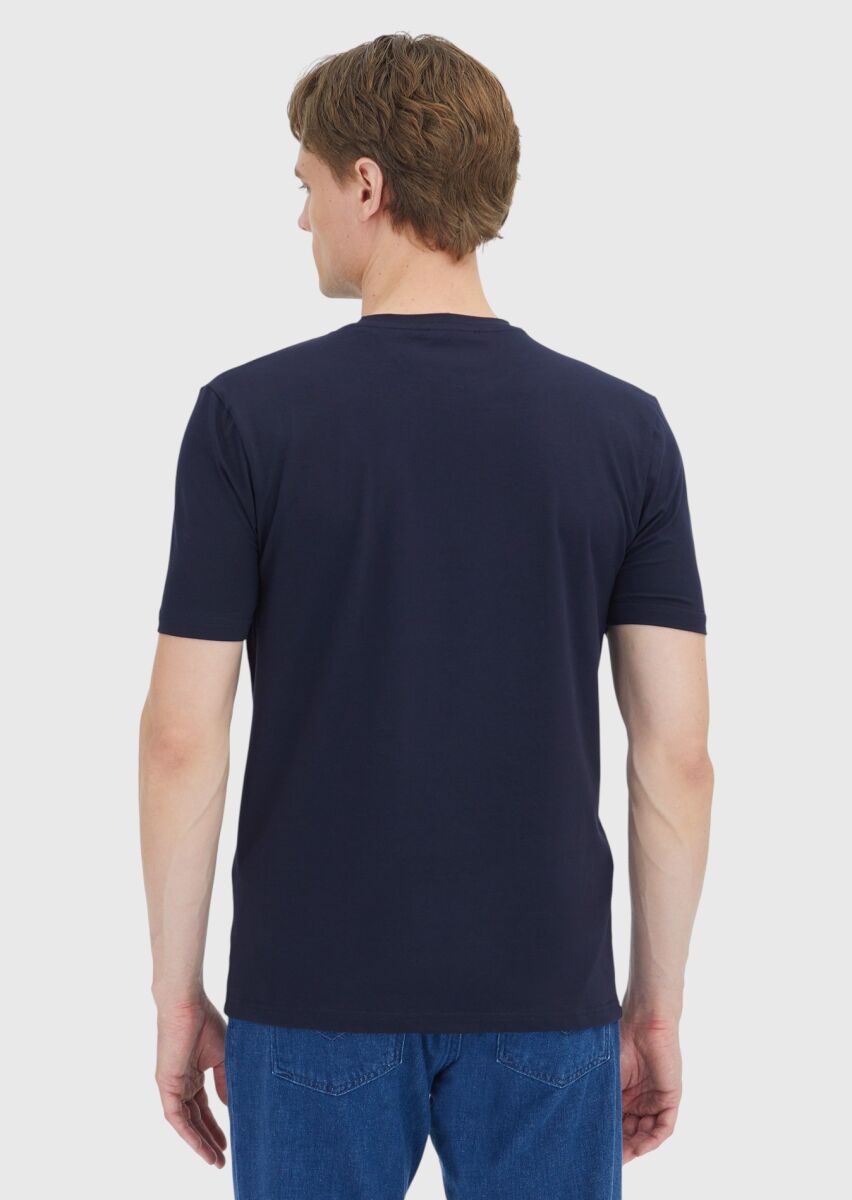 Navy Blue Plain Crew Neck Cotton Blended T-Shirt - 5