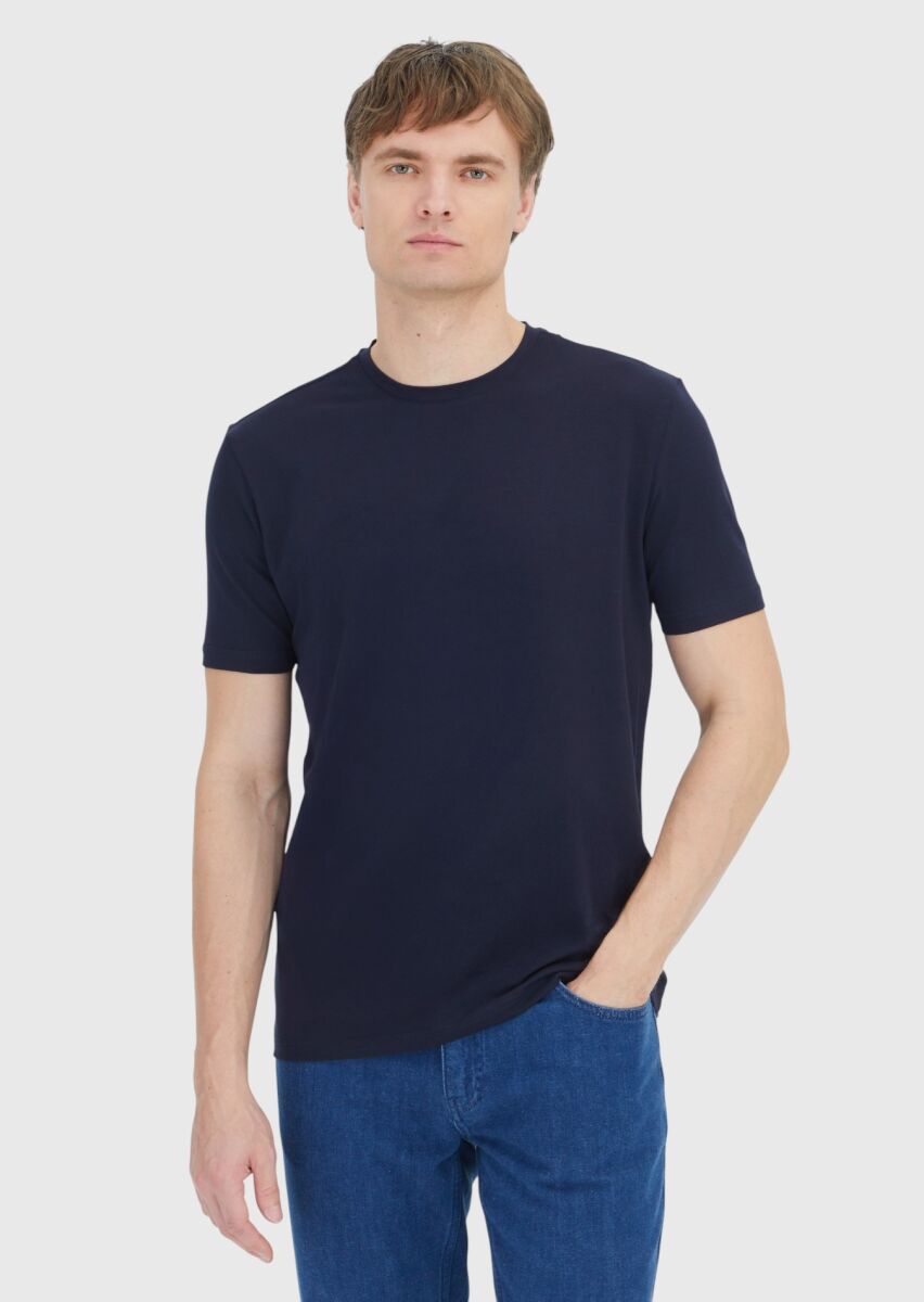 Navy Blue Plain Crew Neck Cotton Blended T-Shirt - 1