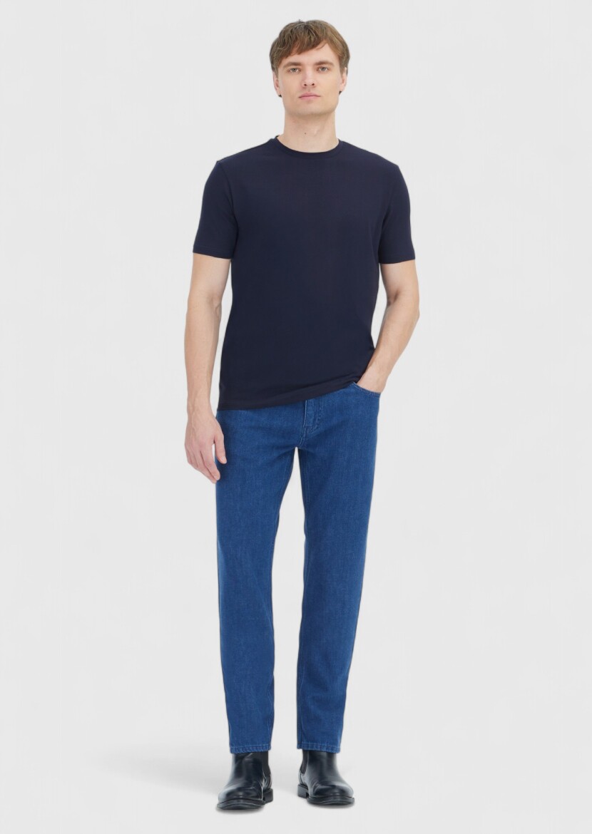 Navy Blue Plain Crew Neck Cotton Blended T-Shirt - RAMSEY