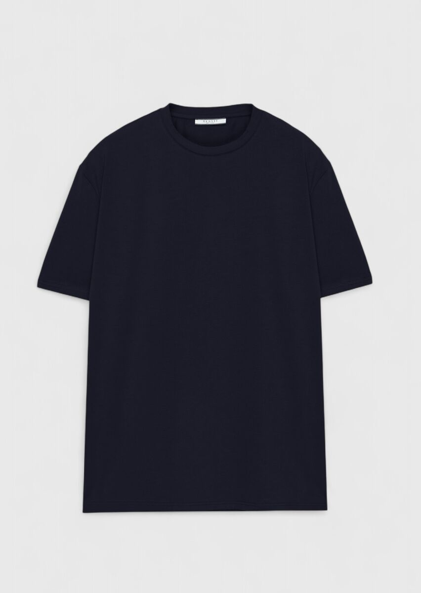 Navy Blue Plain Crew Neck Cotton Blended T-Shirt - 6