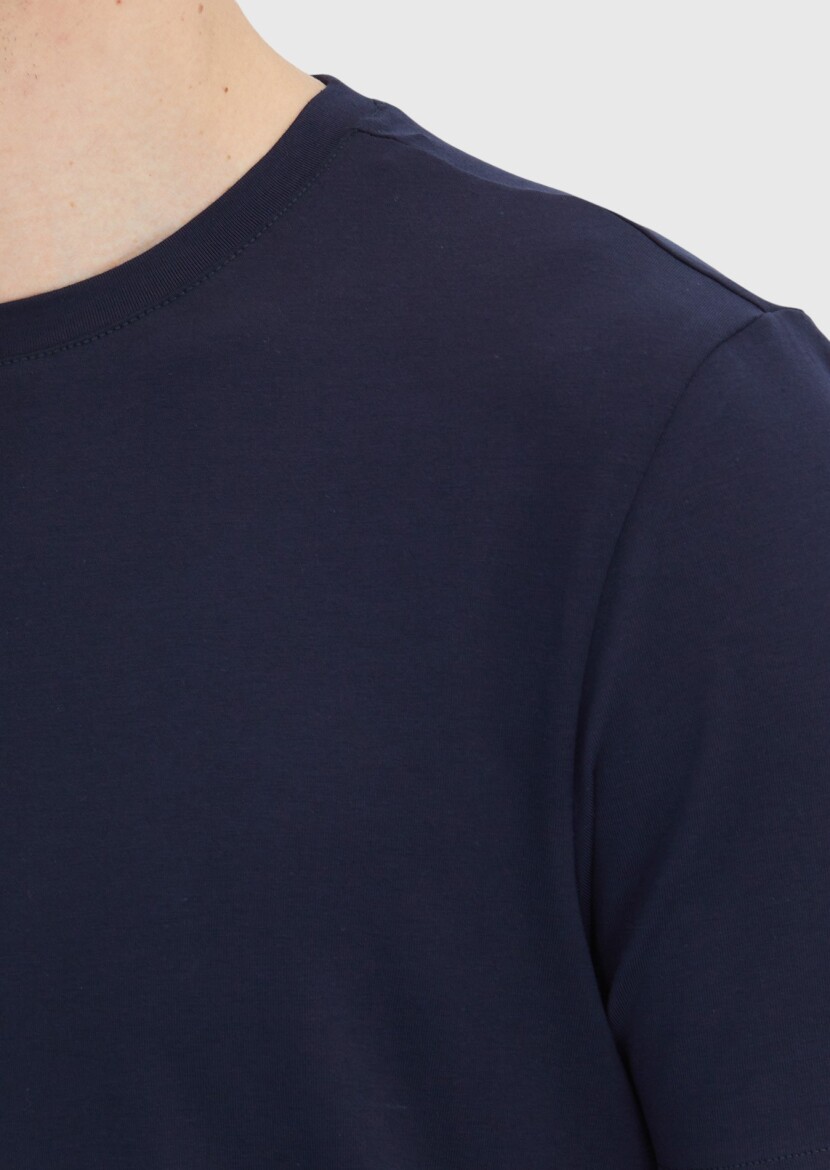 Navy Blue Plain Crew Neck Cotton Blended T-Shirt - 4