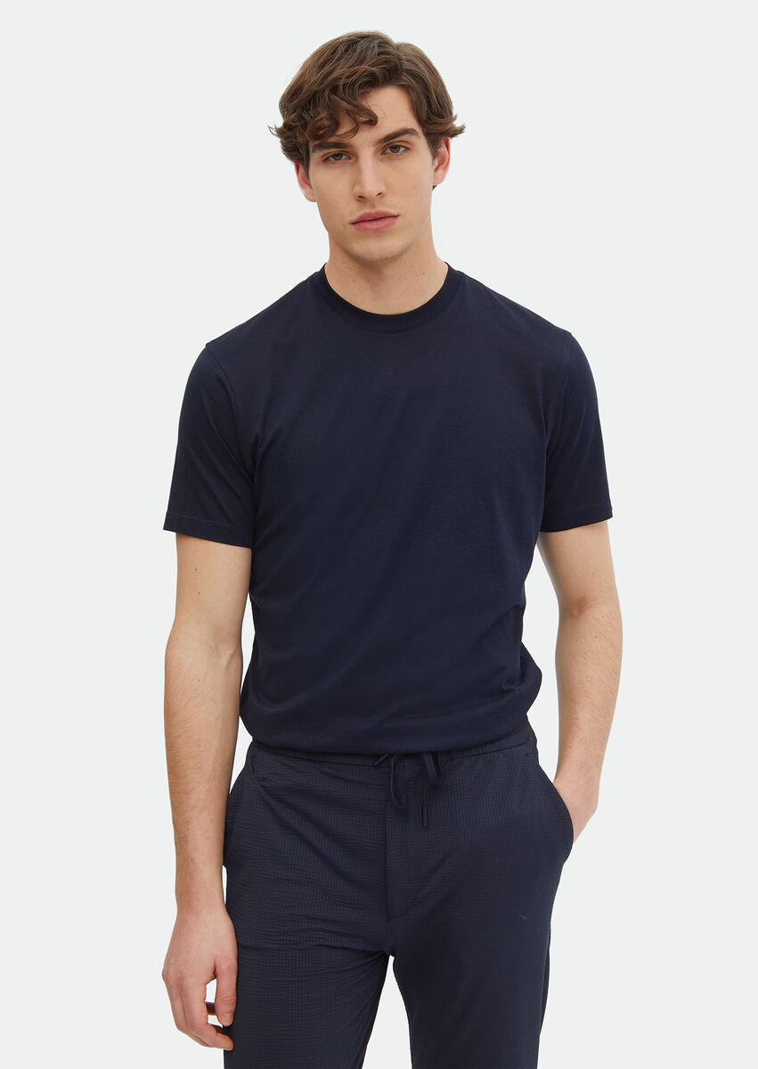 Navy Blue Plain Crew Neck Silk Blended T-Shirt - 1