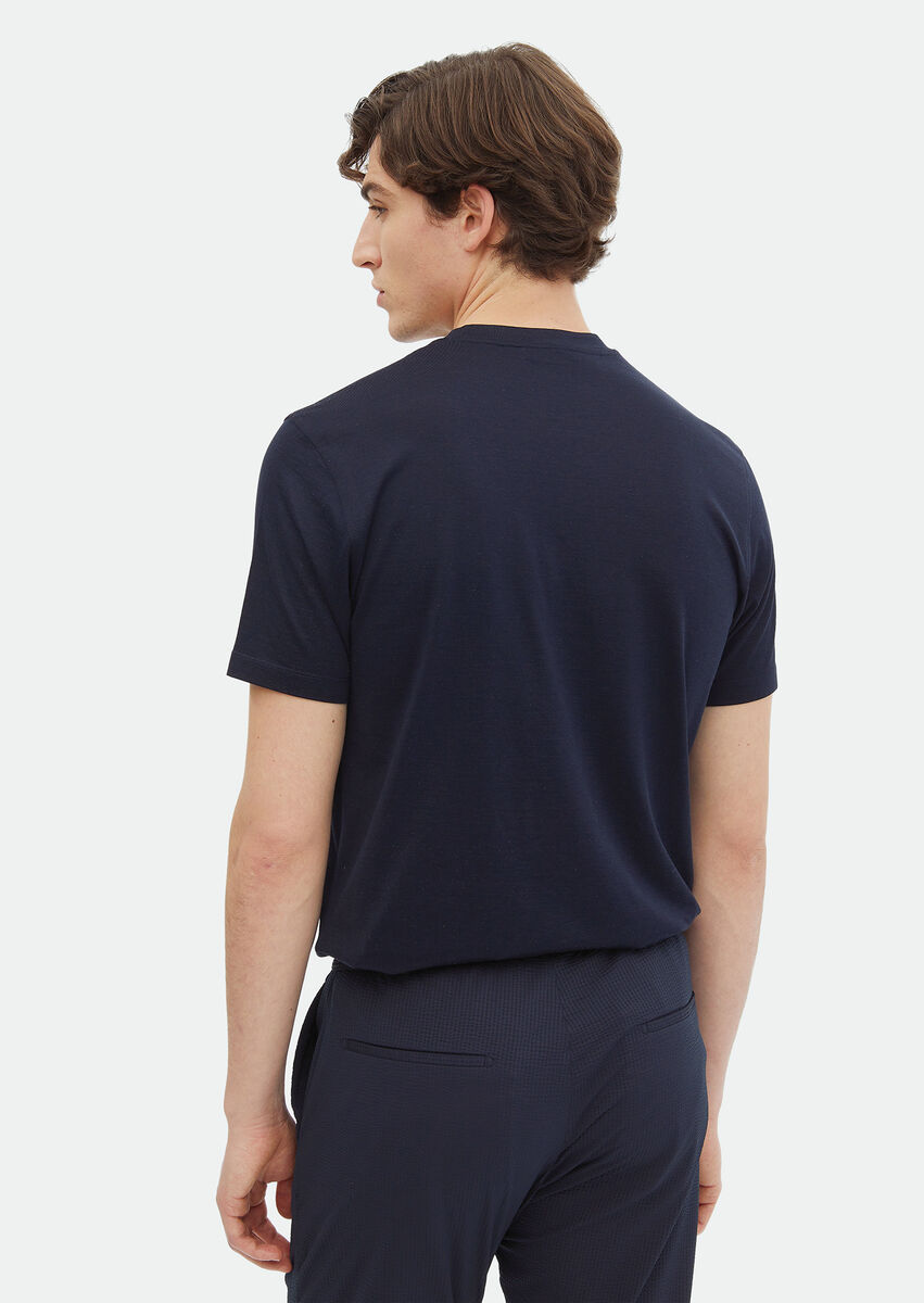 Navy Blue Plain Crew Neck Silk Blended T-Shirt - 4