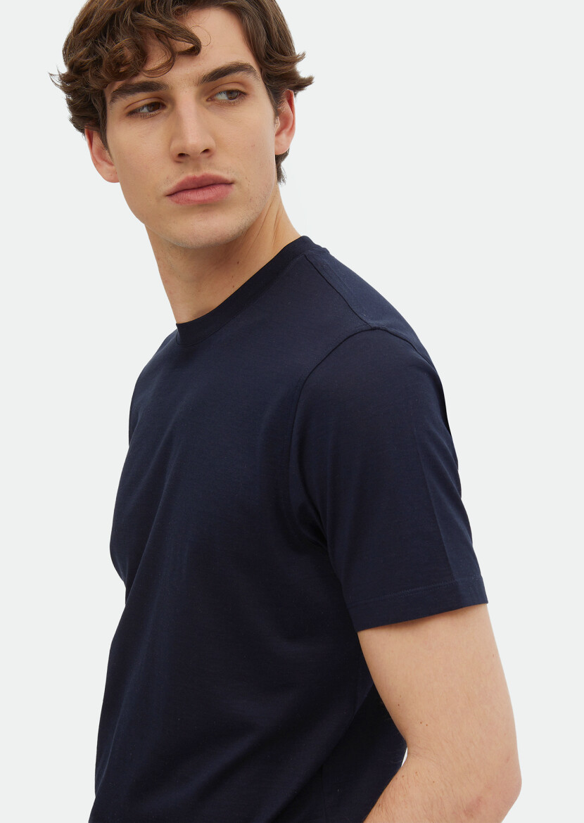 Navy Blue Plain Crew Neck Silk Blended T-Shirt - 3