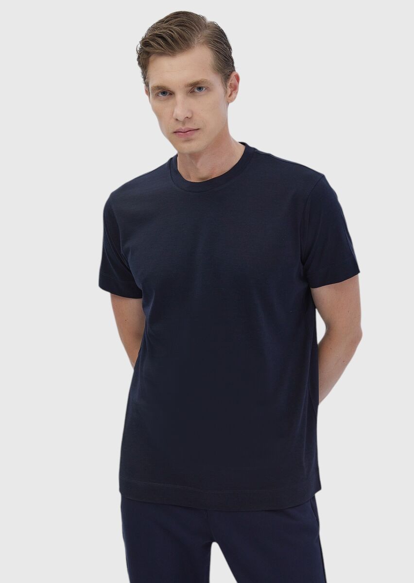 Navy Blue Plain Crew Neck Silk Blended T-Shirt - 1