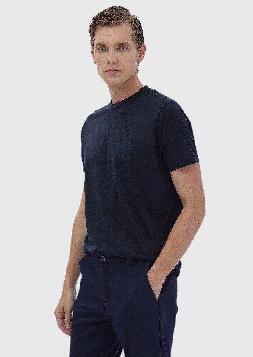 Navy Blue Plain Crew Neck Silk Blended T-Shirt - 3