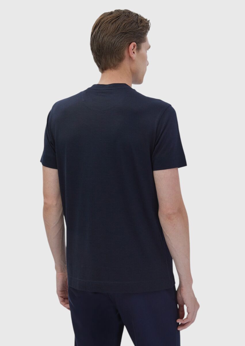 Navy Blue Plain Crew Neck Silk Blended T-Shirt - 5