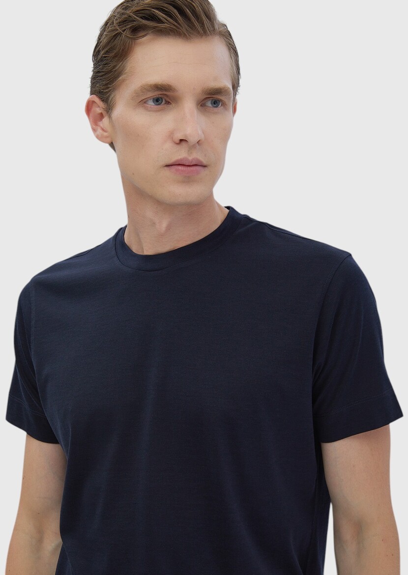 Navy Blue Plain Crew Neck Silk Blended T-Shirt - 4