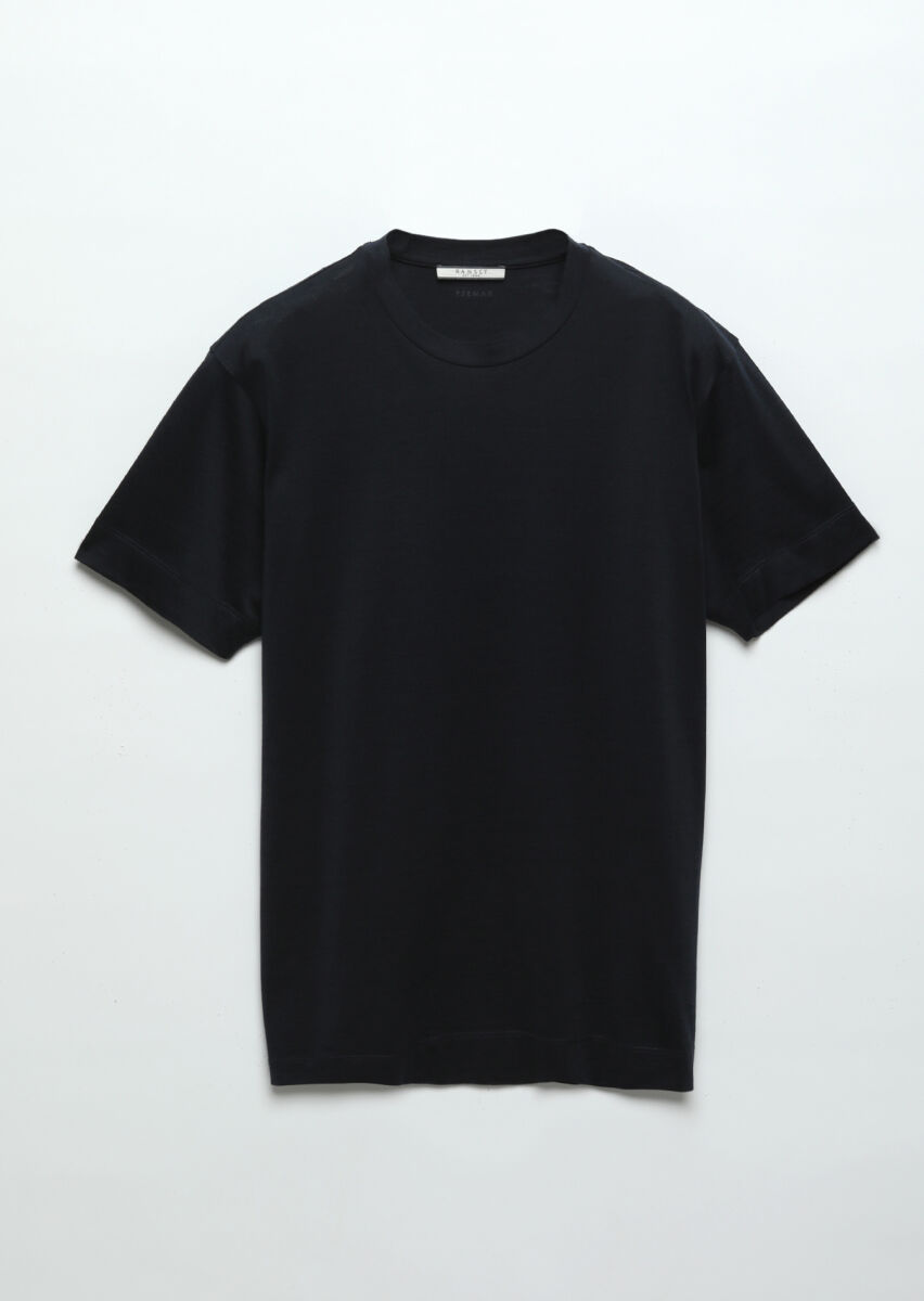 Navy Blue Plain Crew Neck Silk Blended T-Shirt - 6