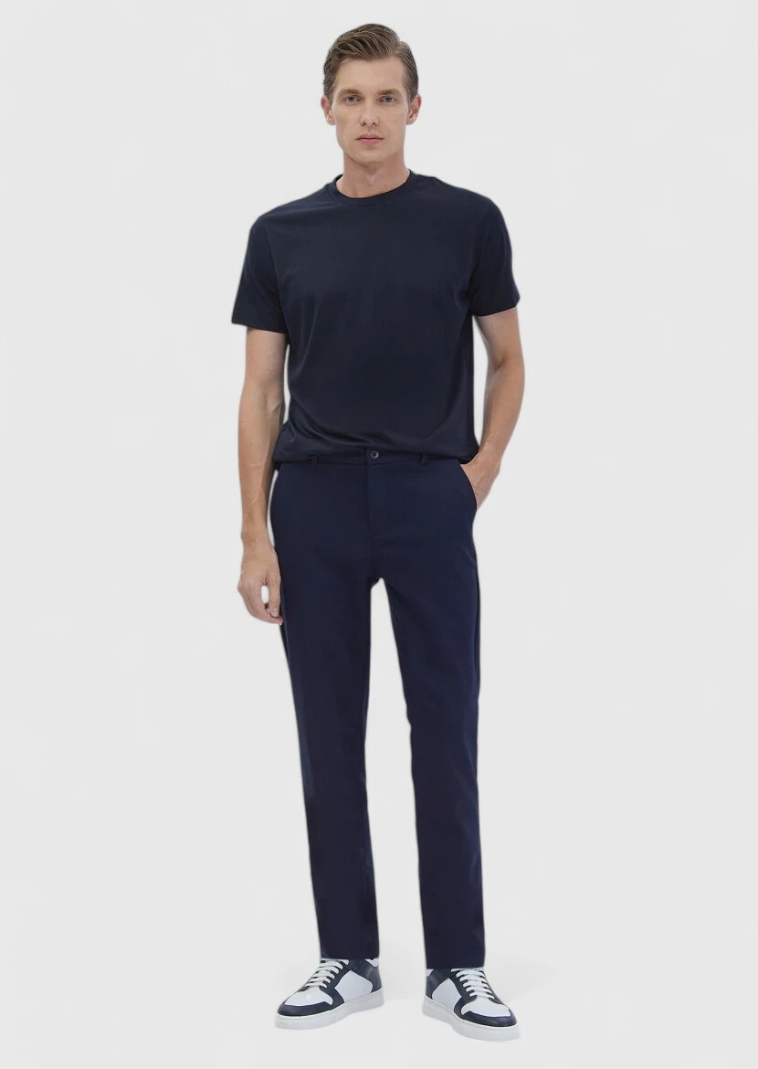 Navy Blue Plain Crew Neck Silk Blended T-Shirt - RAMSEY