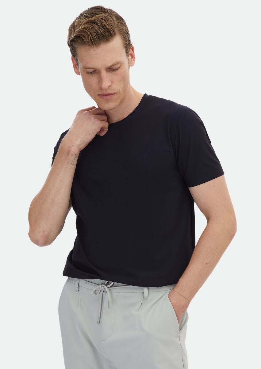 Navy Blue Plain Crew Neck T-Shirt - 1