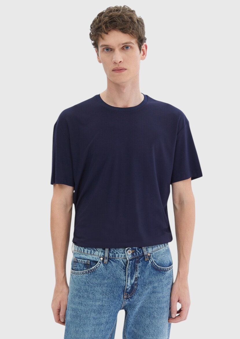 Navy Blue Plain Crew Neck T-Shirt - 3