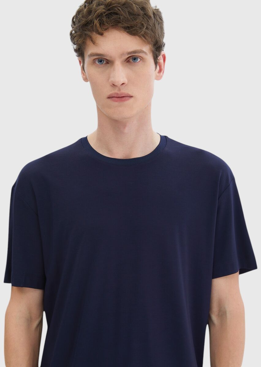 Navy Blue Plain Crew Neck T-Shirt - 4